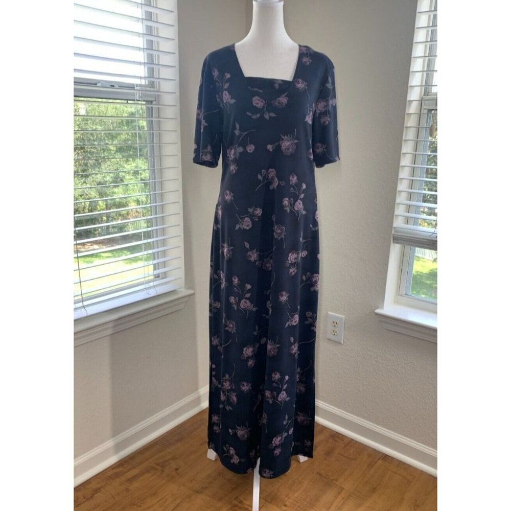 Vintage Jody of California Womens Maxi Dress Large Navy Floral Stretch